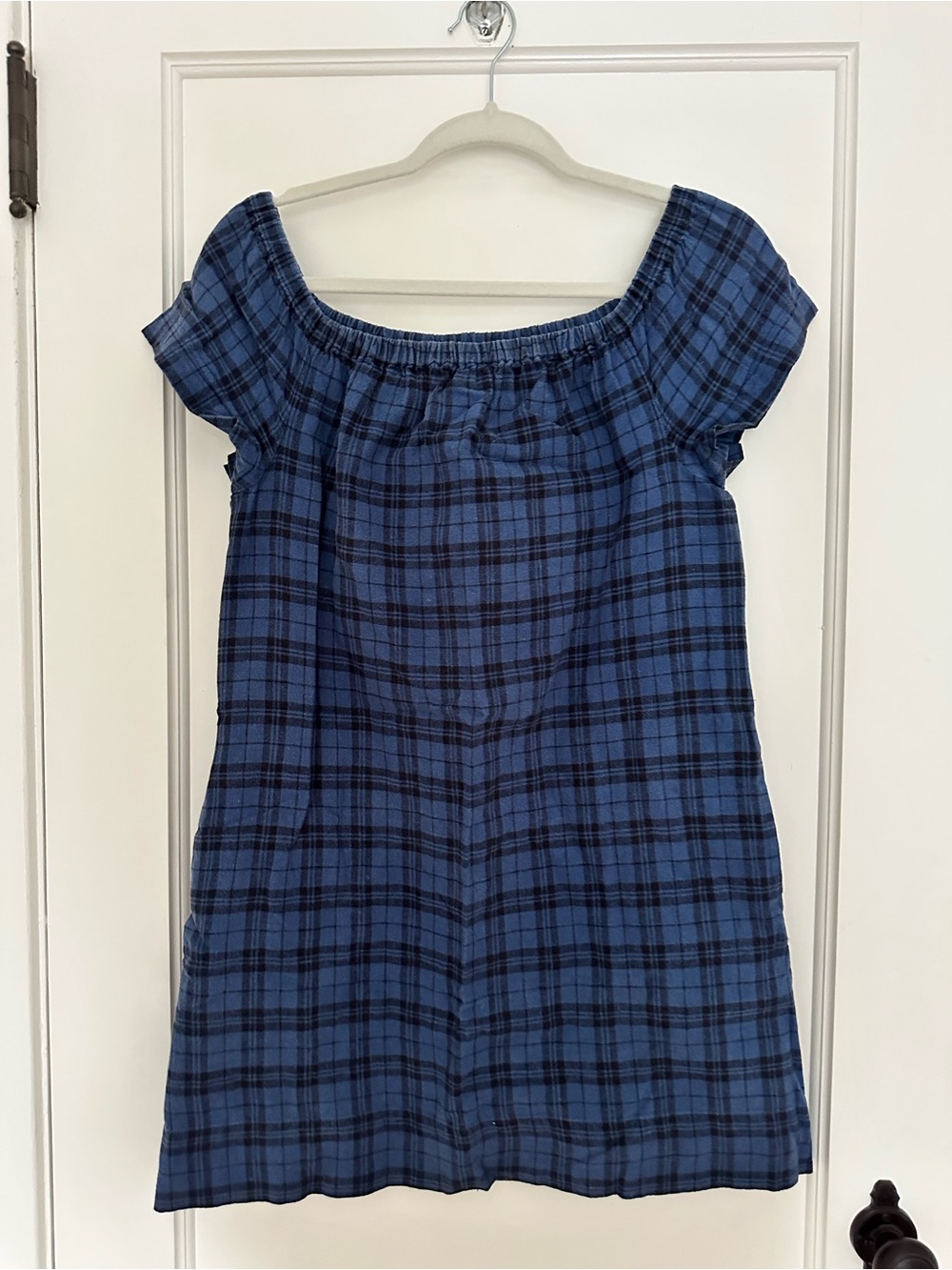 Madewell women size 4 Blue Plaid Off-Shoulder Top